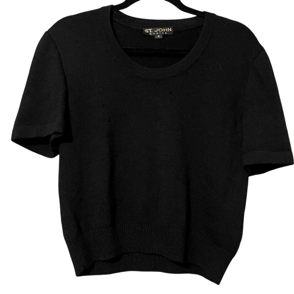 ST. John Black Santana Knit Short Sleeve Crew Neck Sweater Womens M Fall Casual